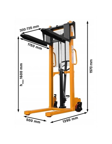 Stivuitor manual 1500kg, reglabil, inaltime 1600mm