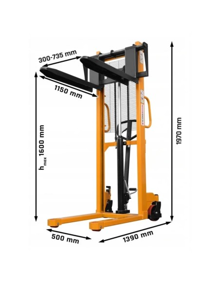 Stivuitor manual 1500kg, reglabil, inaltime 1600mm