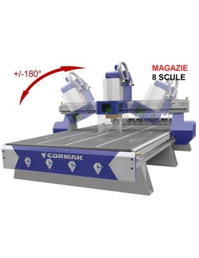 Acest router CNC este prevazut cu a 4-a axa si magazie cu 8 scule