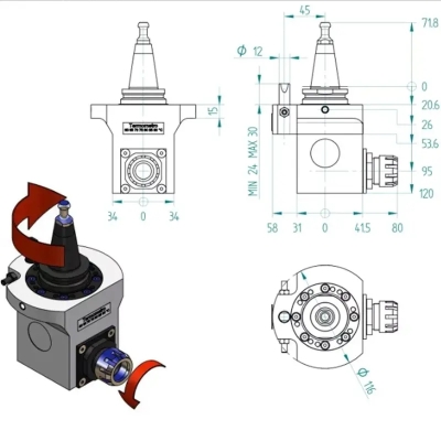 Agregat CNC ISO30 ER25 cu ax la 90° pentru ATC 2