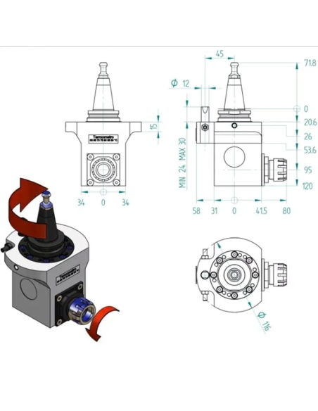 Agregat CNC ISO30 ER25 cu ax la 90° pentru ATC