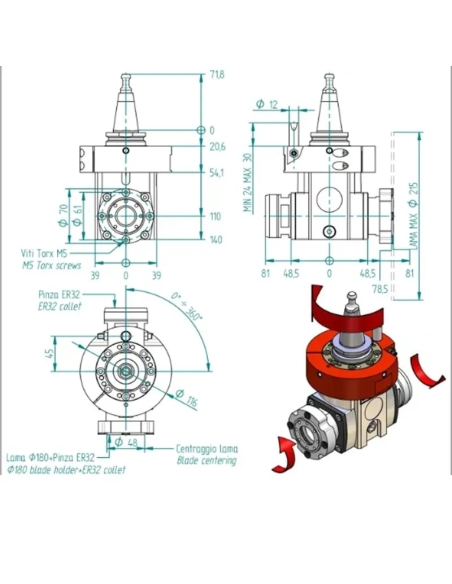 Agregat CNC ISO30 cu ER32 și fierăstrău la 90°