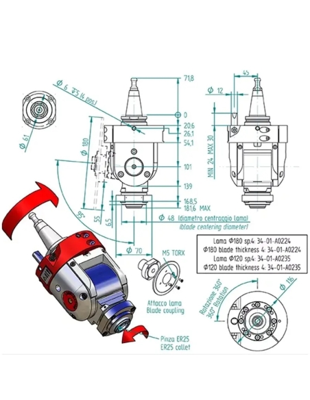 Agregat unghiular CNC ISO30/ER25 cu reglaj 0–180°