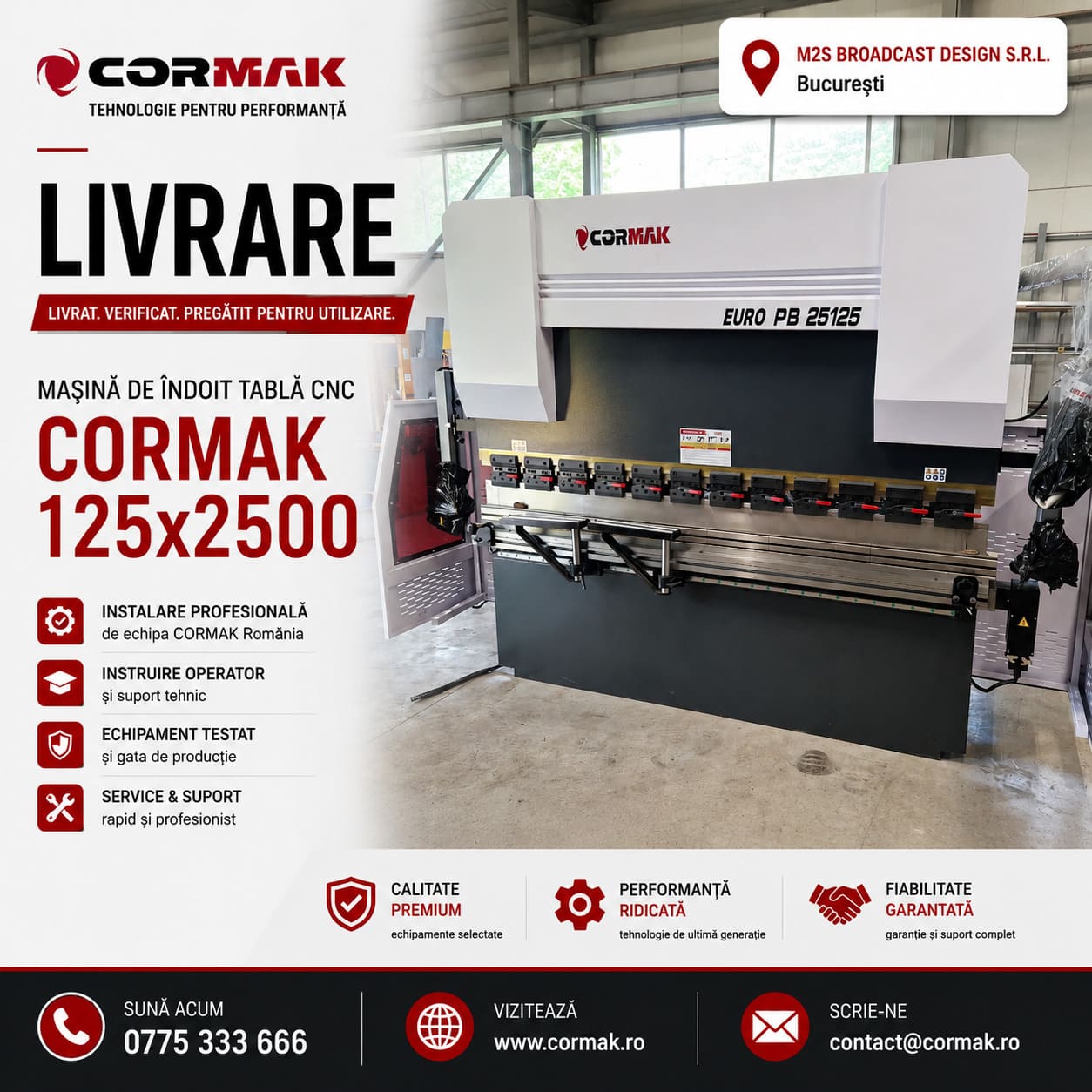 Livrare masina de indoit tabla CNC CORMAK 125x2500 – M2S BROADCAST DESIGN S.R.L.