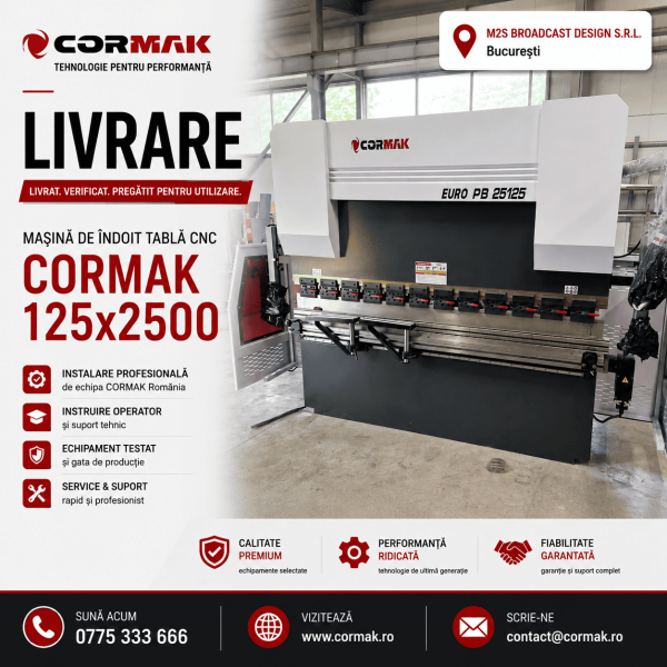 Livrare masina de indoit tabla CNC CORMAK 125x2500 – M2S BROADCAST DESIGN S.R.L.