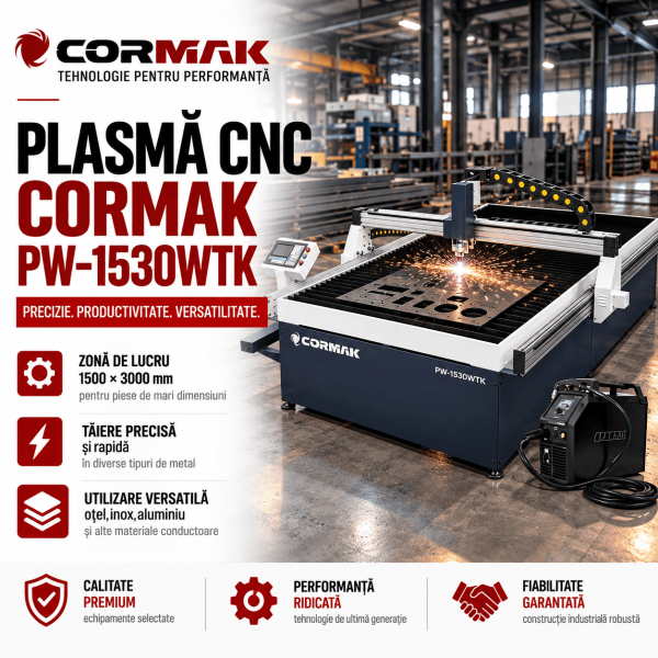 Mașină de tăiat cu plasmă CNC 1500 × 3000 mm: masă cu apă, THC și automatizare. CORMAK PW-1530 WTK explicată tehnic